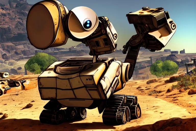 Image similar to wall - e in borderlands style game, heavy detailed, ultra high definition quality, borderlands game engine graphics