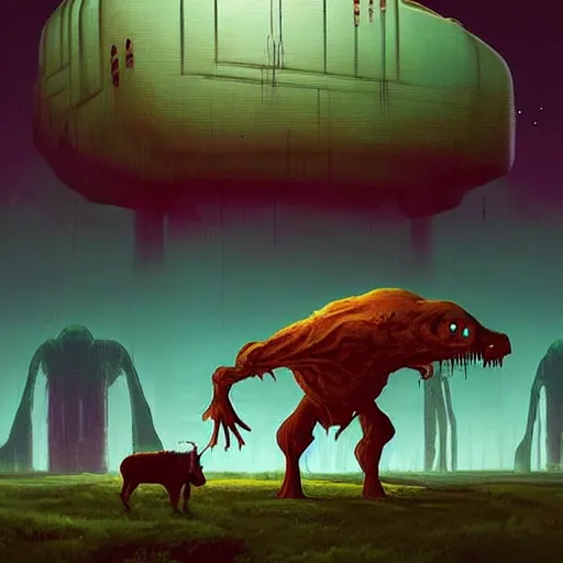 Image similar to giant creature lurking over a cowering smaller creature, epic science fiction horror by Simon Stalenhag and Mark Brooks, extremely detailed