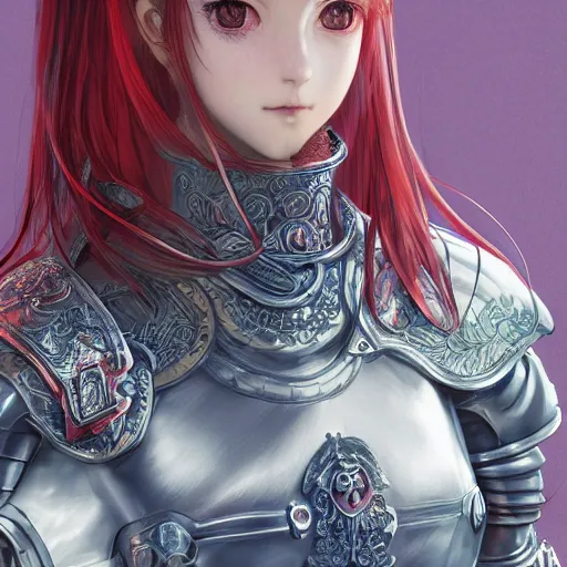 Prompt: a red haired female knight as an absurdly beautiful, elegant, sensual anime girl, blue background, ultrafine hyperrealistic detailed face illustration by kim jung gi, irakli nadar, intricate linework, sharp focus, bright colors, matte, octopath traveler, final fantasy, unreal engine highly rendered, global illumination, radiant light, intricate environment