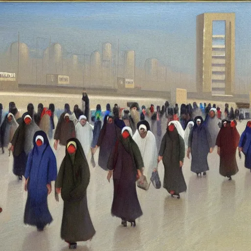 Prompt: painting of saudi commuters heading to the central business district of riyadh, painted by laurence stephen lowry, oil on canvas, national gallery