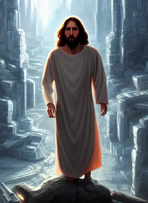 Prompt: portrait of jesus in a futuristic city in the year 2 6 5 4, highly detailed, digital painting, artstation, 8 k