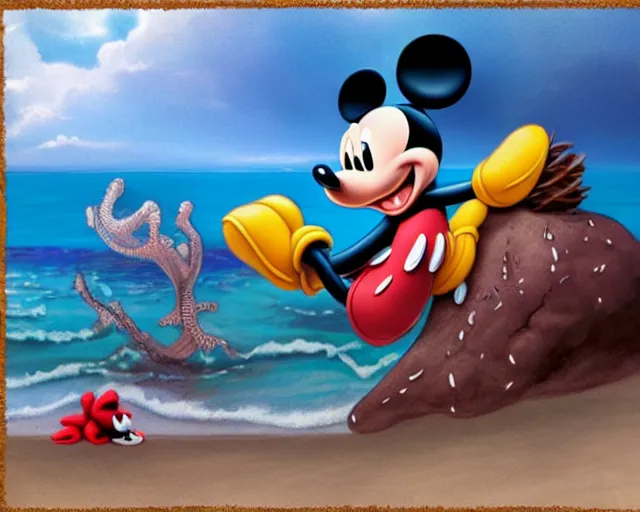 Image similar to Mickey mouse sitting next to terrifying sea creatures on a creepy beach, digital art, by Daniel Conway, super detailed, artstation