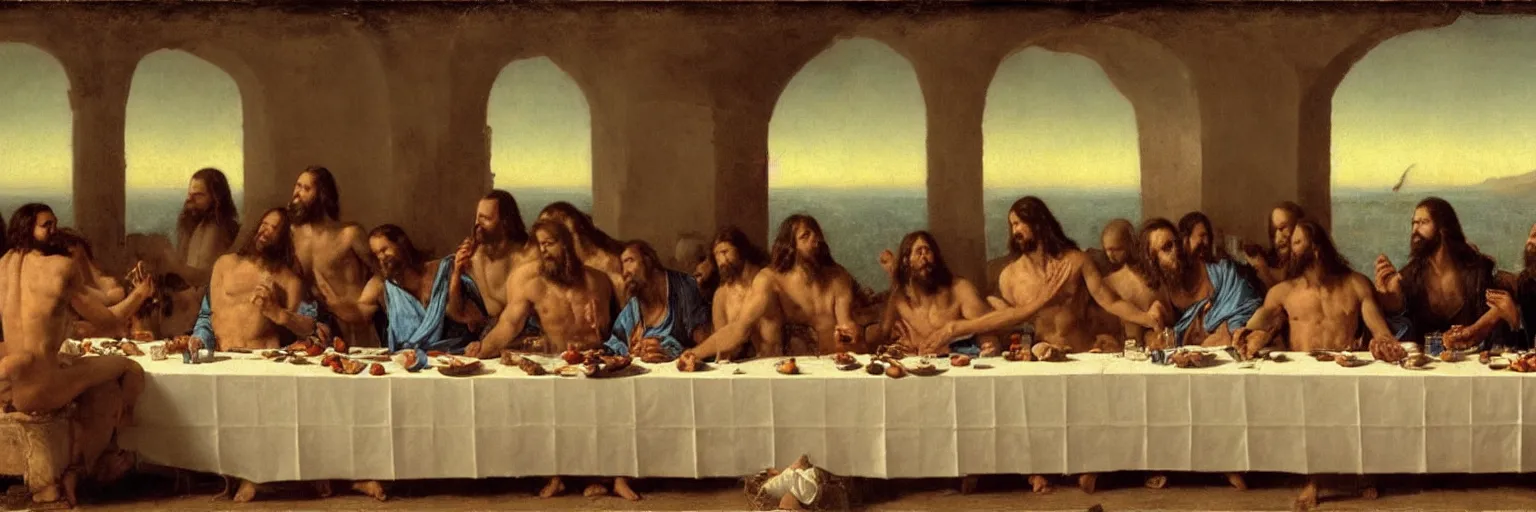 Prompt: jesus at the last supper with his disciples, drinking jack daniels, passing big blunts, shirtless man eating, in cloud of smoke, 4 k, hyperrealistic photograph, highly detailed, sharp focus, art by ilya repin