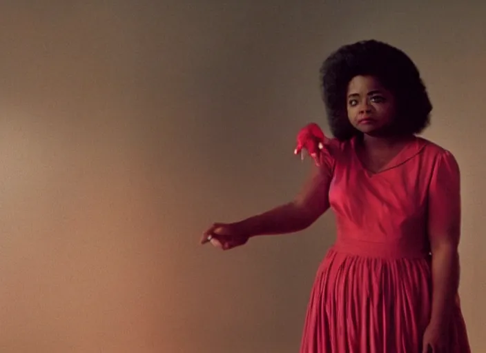 Prompt: octavia spencer in a 1 9 8 0 s thriller film, annie leibovitz portrait photography, psychedelic cosmic horror, horror, wes anderson scene, wes anderson cinematography, atmospheric haze, film. film still, 1 6 mm cinematography. james jean