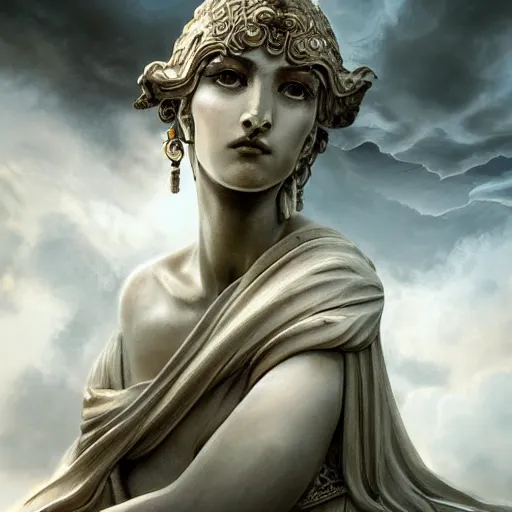 Prompt: A digital masterpiece illustration concept art of a giant statue of a very beautiful Greek Goddess, beautiful eyes, symmetrical face, symmetrical body with its top in the heaven, taiga landscape + inspired art by by WLOP + Extremely detailed and intricate complexity + epic composition, magical atmosphere, cinematic lighting + wide long shot, wide angle + trending on artstation + 8k