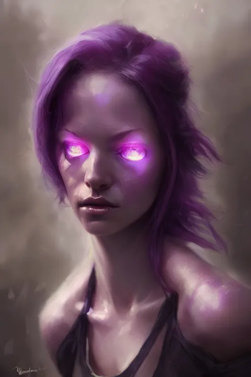 Prompt: character art by bastien lecouffe - deharme, young woman, purple hair, glowing purple eyes