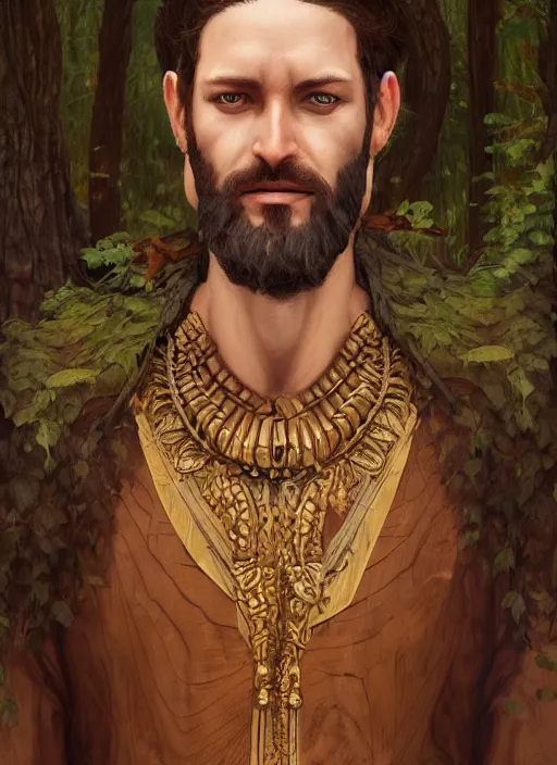 Image similar to a fantasy character portrait of a man made of wood, a wooden man of the forest, pagan god, symmetry, highly detailed digital painting, trending on artstation, art by edmund blair leighton and phil hale and ilya repin and charlie bowater