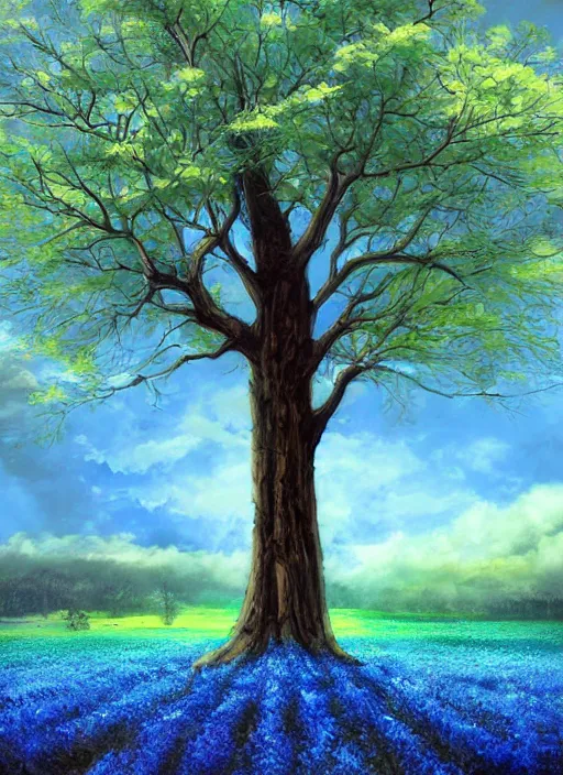 Prompt: fields, giant tree with blue leaves in the distance, fantasy, digital art, colorful, divine, painting, dramatic