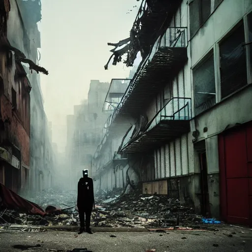 Prompt: A high quality color photo of a mysterious man with a gas mask standing in the middle of a staircase alley looking in the direction of the camera :: outside, blue sky visible :: ruined city with vegetation and trees growing everywhere on the destroyed buildings