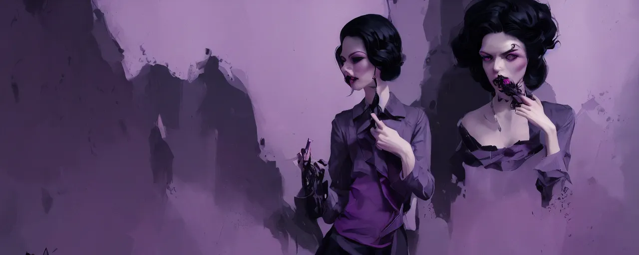 Prompt: duotone dark lilac background noir illustration 3 / 4 portrait of iris von everec black hair in dark gothic furneal clothes. eatheral dreamy atmosphere dynamic composition by sachin teng and sergey kolesov and ruan jia and heng z. graffiti art, scifi, fantasy, hyper detailed. octane render. concept art. trending on artstation