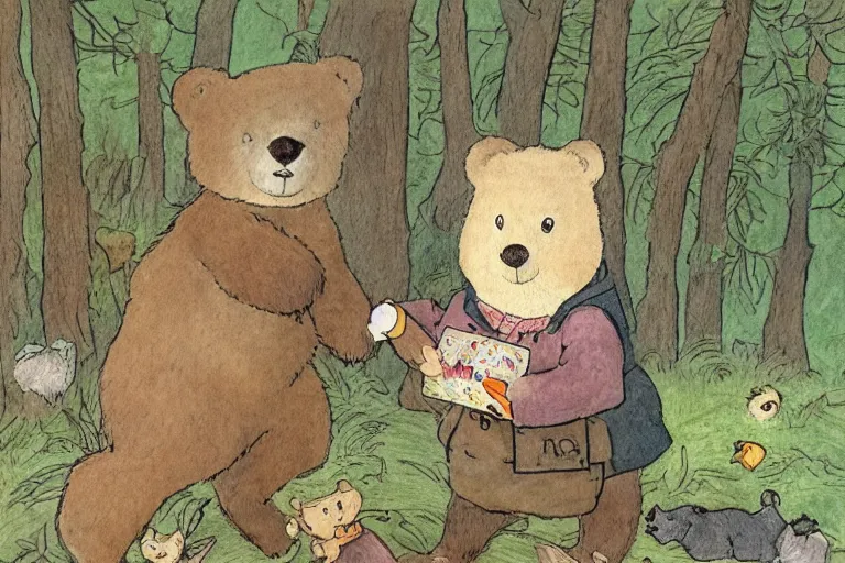 Image similar to a detailed children's book illustration by beatrix potter of a cute female bear child holding an envelope with a look of surprise surrounded by woodland animals. digital art, trending on artstation.