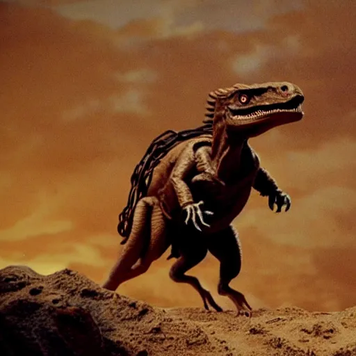 Prompt: velociraptor as a cowboy in a wild west town, still from a movie, 3 5 mm film, grainy, evocative, atmospheric lighting, intricate, highly detailed, sharp focus, cinematic, masterpiece, taken by sergio leone and john ford