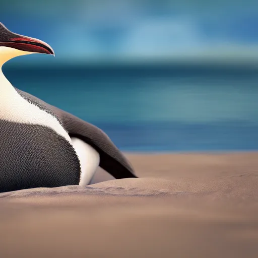 Prompt: a penguin sunbathing on a warm beach, hyper realistic, relaxing, unreal engine 5, 8 k