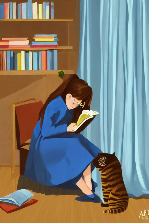 Prompt: a digital painting of a girl reading a book with a cat in A comfortable study room at night,JK uniform ,Hairdryer,blue theme,S line, by anmi and reoenl and krenz