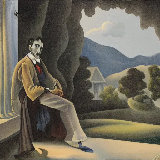 Image similar to thomas hart benton's 1 8 5 6 painting of dracula on the porch of a southern plantation, gazing out on his cotton fields