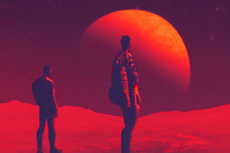 Image similar to a sad human standing on mars in the style of flooko, acrylic art, detailed, moonlight, red lighting, bokeh, synthwave, psychedelic, glitch, neon,