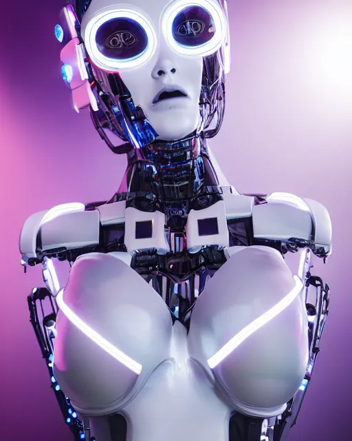 Prompt: 3 / 4 portrait photo of sensual dancer as a cyberpunk mecha humanoid robotic head shoulder parts with straight bright led lights, inside white room, ultra - realistic and detailed, 8 k