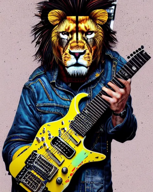 Image similar to a portrait of an anthropomorphic cyberpunk lion shredding an electric guitar as the guitar melts by sandra chevrier, by jon foster, detailed render, tape deck, epic composition, cybernetics, 4 k realistic, cryengine, realistic shaded lighting, sharp focus, masterpiece, by enki bilal