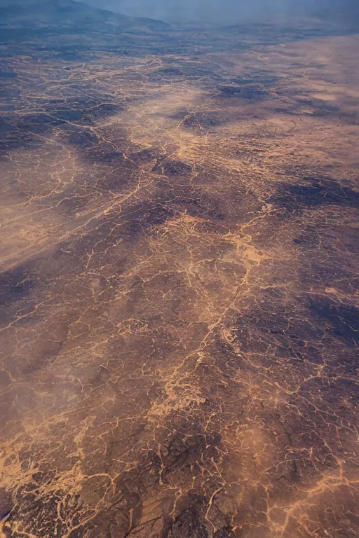 Image similar to airplane window view, flying above a drying landscape and huge fire