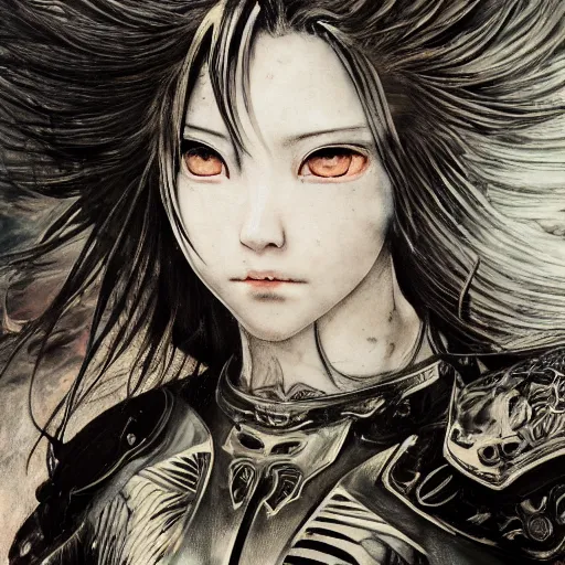 Image similar to Yoshitaka Amano realistic illustration of an anime girl with black eyes, wavy white hair fluttering in the wind and cracks on her face wearing Elden ring armour with engraving, abstract black and white patterns on the background, noisy film grain effect, highly detailed, Renaissance oil painting, weird portrait angle, blurred lost edges, three quarter view