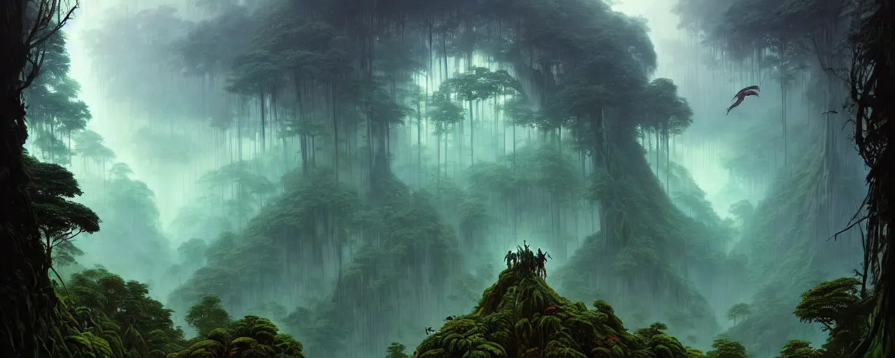 Prompt: stunning landscape portrait of an incredible lush cloud forest, bird's eye view, shamans and strange creatures, iridescent clouds, highly detailed, style of romanticism, cinematic, artstation, moebius, greg rutkowski, peter mohrbacher, andreas rocha, marc simonetti, simon stalenhag, craig mullins