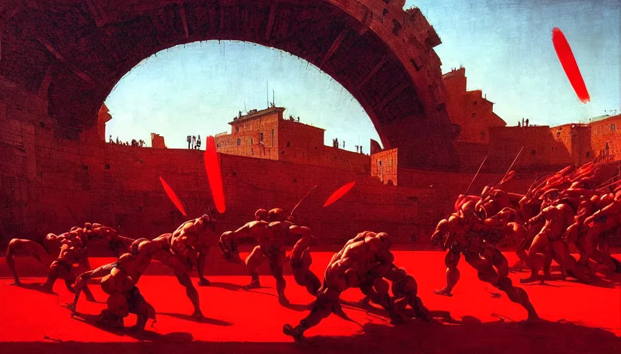 Image similar to only with red, a lightly armored gladiator in a crowded roman amphitheatre, crowd cheering, in the style of beksinski and edward hopper and rodcenko and yue minjun and cory loftis, intricate and epic composition, red by caravaggio, highly detailed, masterpiece, red light, artstation, art nouveau