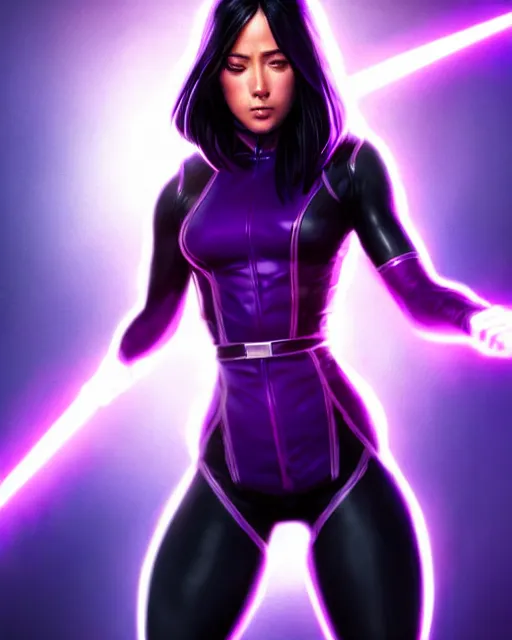 Prompt: Psylocke, Chloe Bennet, long black hair, purple Halo energy sword, realistic character concept, action pose, comic book, illustration, slender symmetrical face and body, artstation, cinematic lighting, hyperdetailed, artgerm, 8k, Rafeal Albuquerque comic book art, single face, insanely detailed and intricate, beautiful