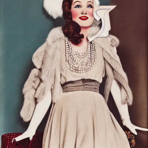 Image similar to a vintage 1 9 4 0 s kodachrome photograph of a avent - gard fashion haute couture collection winter traveling outfit ensemble inspired by the greek muse, erato.