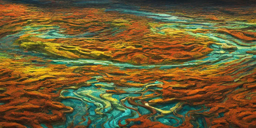 Image similar to abstract 3d landscape painting with a meandering river at noon by james jean and David Schnell painted in no mans sky style, redshift, octane