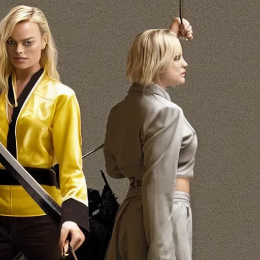 Image similar to margot robbie as kill bill in a swordfight