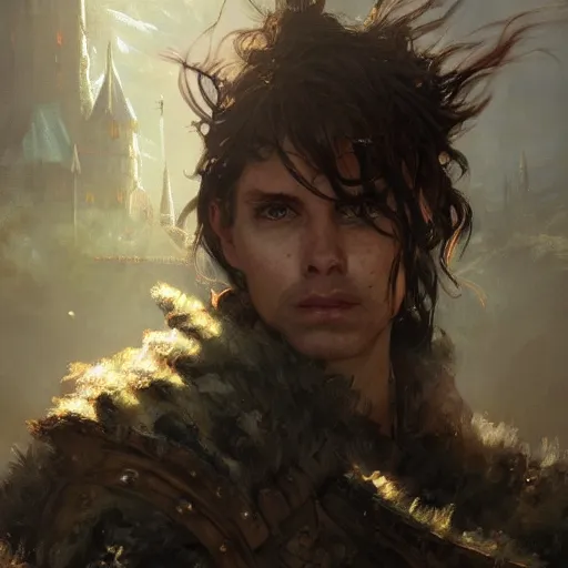 Image similar to closeup portrait of a dungeons and dragons character, dramatic lighting, castle background, gorgeous view, realistic, high detail, depth of field, lightrays, atmospheric, digital art, painted by greg rutkowski, painted by jeremy mann, painted by alphonse mucha, trending on artstation