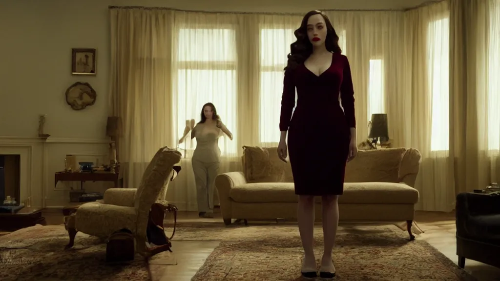 Image similar to Kat Dennings standing in the living room, film still from the movie directed by Denis Villeneuve with art direction by Salvador Dalí, wide lens, 4K, realistic