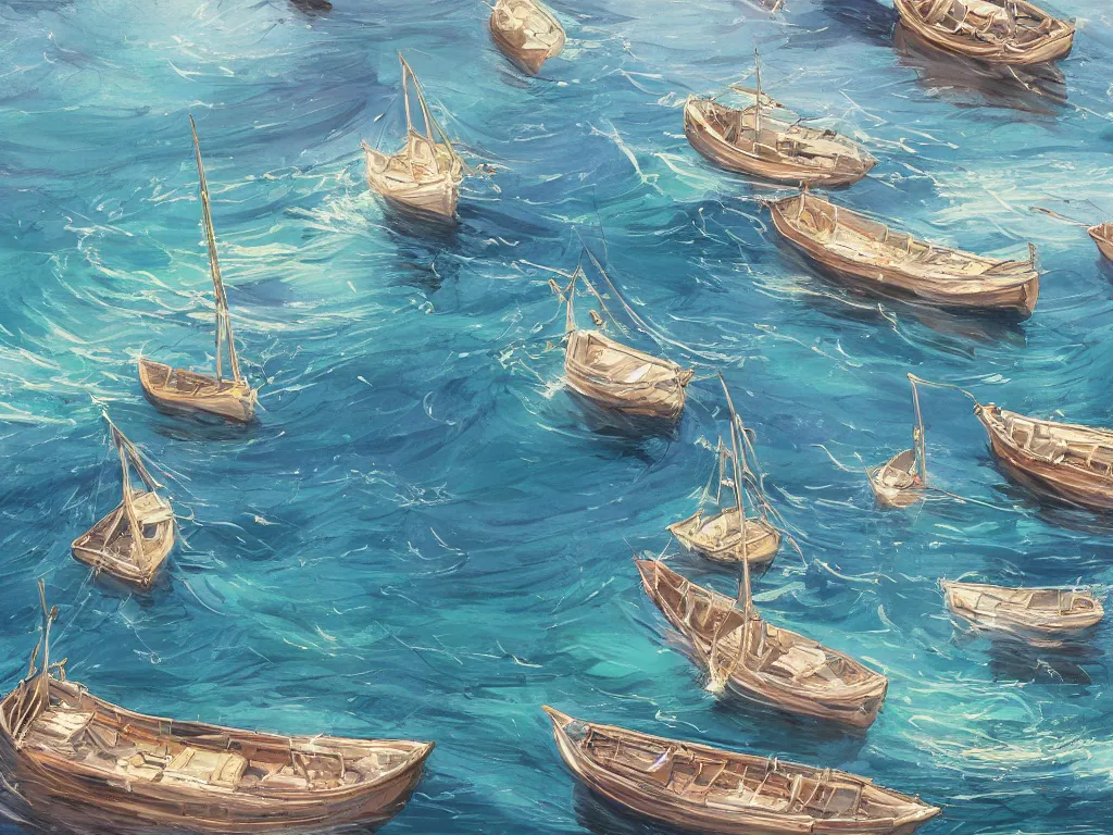 Image similar to sharp focus, breath taking beautiful, Aesthetically pleasing, gouache sea and boats, digital concept art background by Hayao Miyazaki and Studio Ghibli, fine art, official media, high definition, illustration, ambient lighting, HDR, HD, UHD, 4K, 8K, cinematic, high quality scan, award winning, trending, featured, masterful, dynamic, energetic, lively, elegant, intricate, complex, highly detailed, Richly textured, Rich vivid Color, masterpiece.