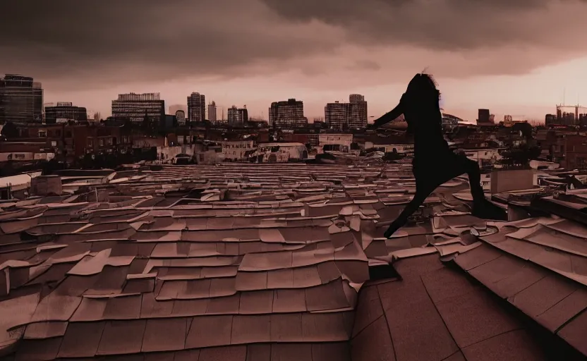 Image similar to sideways landscape photo of person jumping on the roofs, high contrast, moody sunset, late night, blurry photo, sharp focus, digital art, smooth