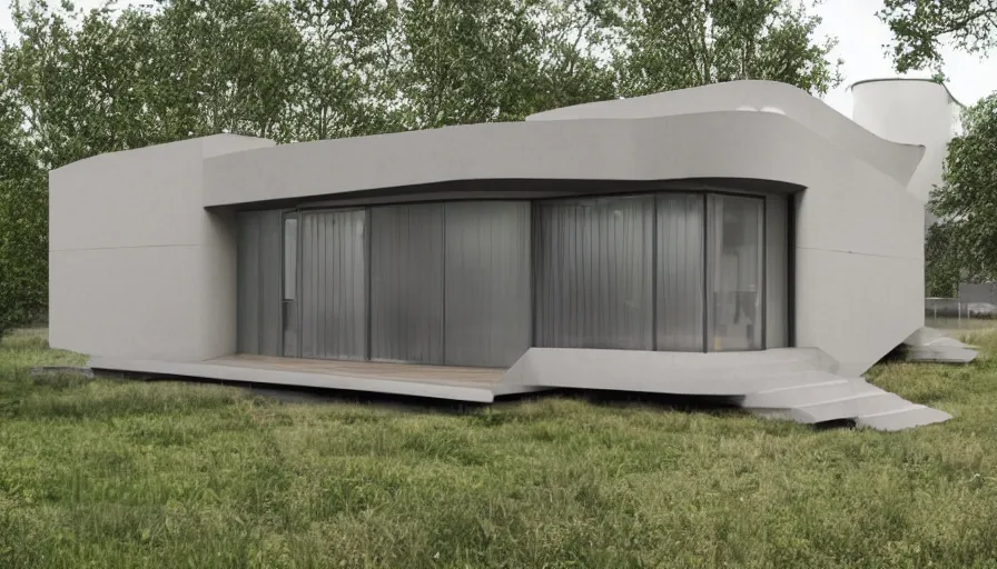 Prompt: A wide image of a full innovative contemporary prefab cabin with rounded corners, beveled edges, 3D printed line texture, made of cement, organic architecture, Designed by Gucci, Balenciaga, and Wes Anderson