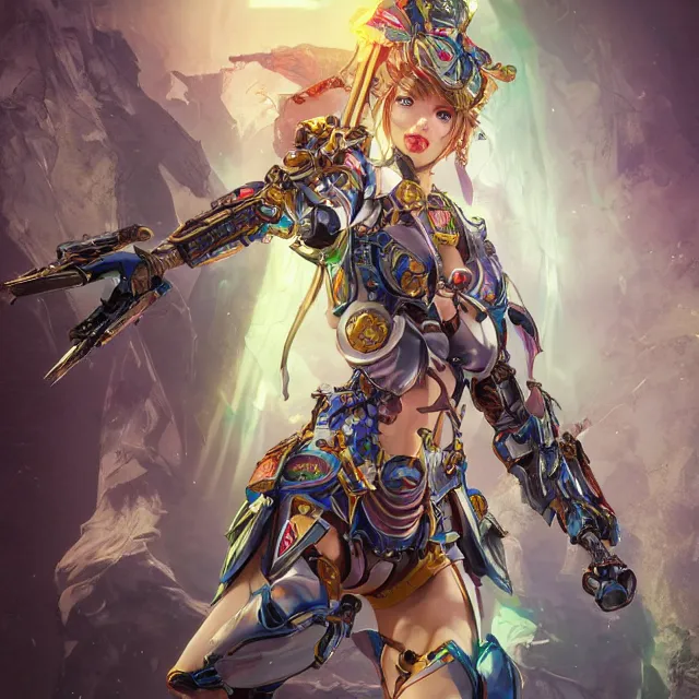 Image similar to studio portrait of lawful good colorful female holy mecha paladin absurdly beautiful, elegant, young skinny bikini model, ultrafine hyperrealistic detailed face illustration by kim jung gi, irakli nadar, intricate linework, sharp focus, bright colors, matte, octopath traveler, final fantasy, unreal engine highly rendered, global illumination, radiant light, intricate environment
