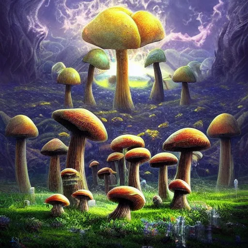 Prompt: surreal mushroom realm, multidimensional, fantasy, trending on artstation, beautiful, landscape, weird, valley, field