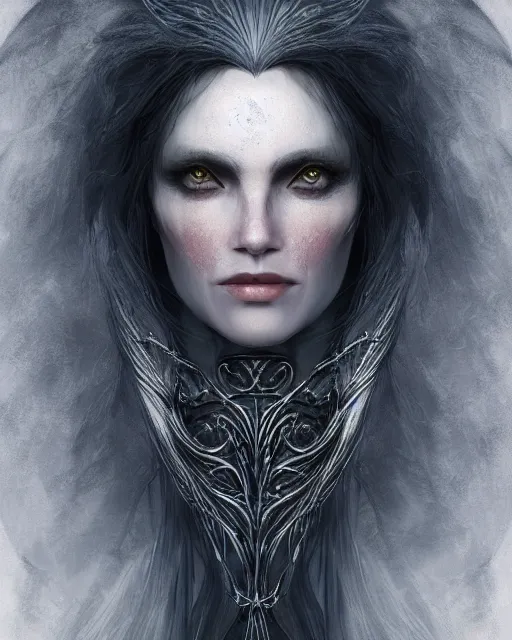 Image similar to portrait of a beautiful female witch with shimmering hair, symmetrical face and eyes, cgsociety, Elden Ring, Dark Souls, Bloodborne