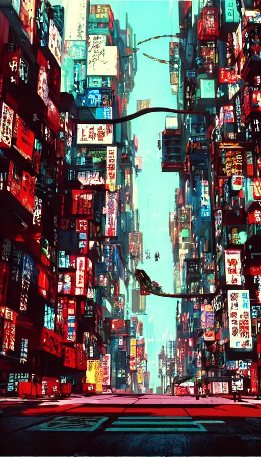 Prompt: cyberpunk street view, film still from japanese animated cyberpunk film Akira movie with art direction by Katsuhiro Otomo, wide lens, flying cards, science fiction, holograms