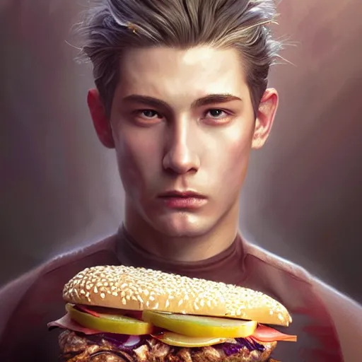 Image similar to portrait of a young rugged chicken sandwich , extra onions and ketchup, luscious patty with sesame seeds, handsome, D&D, fantasy, intricate, elegant, highly detailed, digital painting, sweaty meat, artstation, concept art, matte, sharp focus, illustration, art by Artgerm and Greg Rutkowski and Alphonse Mucha