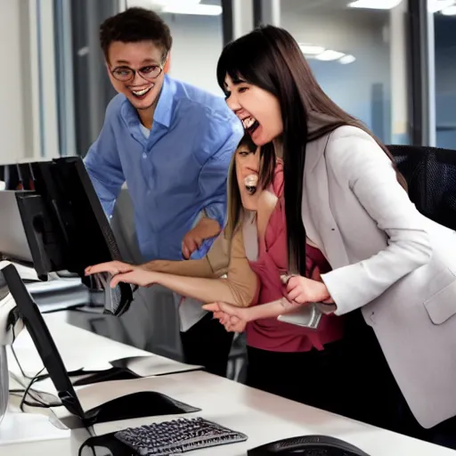 Image similar to young office workers playing around computers and laughing comic