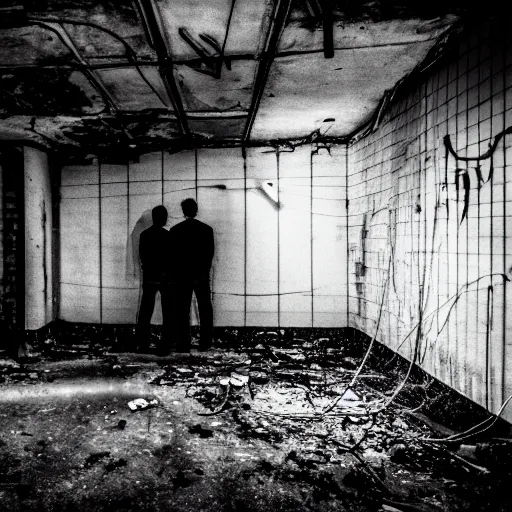 Image similar to two men in black, looking at a black hole in the dark grimy grungy basement of an abandoned apartment block, wires, cables, grainy black and white photography, 5 0 mm lens