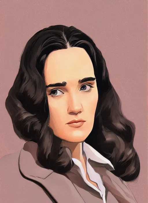 Prompt: detailed artwork by phil noto ; stylized painting of young jennifer connelly from the rocketeer ; brush texture ; asymmetric composition ; paint texture ; trending on artstation ; gallery painting by phil noto in the comic book style of phil noto