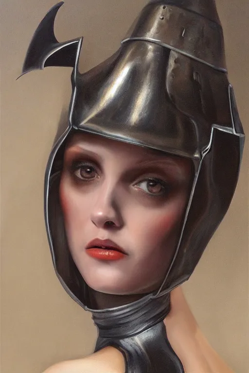 Image similar to hyperrealism oil painting, close - up portrait of european medieval brunette vampire fashion model, knight, steel gradient mixed with nebula sky, in style of baroque