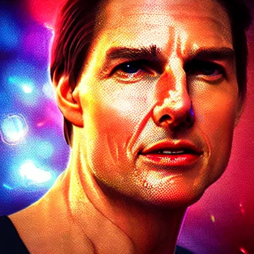 Prompt: “Tom Cruise, beautiful, Magic FX, red blue colors, lights, bokeh, highly detailed portrait, photorealistic, ultra detailed”