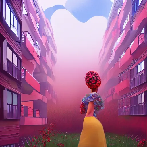 Prompt: big carnation flower head, woman walking between luxury apartments, surreal photography, sunlight, impressionist painting, digital painting, artstation, simon stalenhag