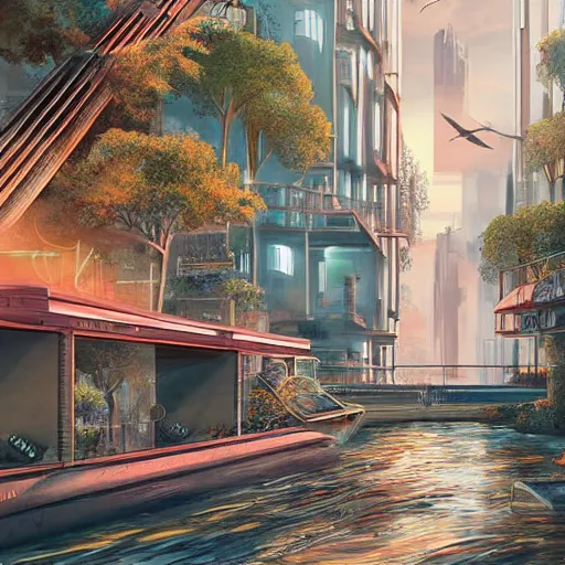 Image similar to Narrow cosy waterway in futuristic sci-fi city in harmony with nature. Nice colour scheme, soft warm colour. Beautiful detailed illustration by Lurid. (2022)