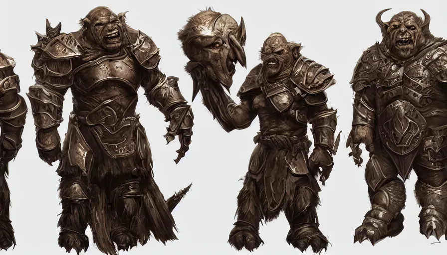 Image similar to three different views of orcs in armour, intricate beautiful concept art by senior character artist, trending on artstation, artstation hd, full body