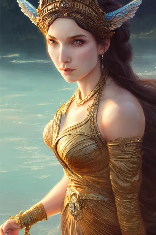 Image similar to goddess of lake, highly detailed, d & d, fantasy, highly detailed, digital painting, trending on artstation, concept art, sharp focus, illustration, art by artgerm and greg rutkowski and fuji choko and viktoria gavrilenko and hoang lap