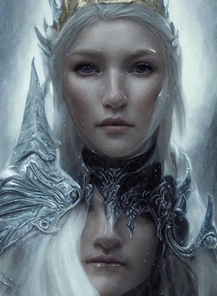 Image similar to a closeup portrait of an elven queen from skyrim wearing white mithril armor, fantasy setting, cold environment, serene colors, soft lighting, atmospheric, cinematic, moody, in the style of diego koi, gina heyer, luiz escanuela, art by alyssa monk, depth, hyperrealism, rule of thirds, golden ratio, oil on canvas, 8 k